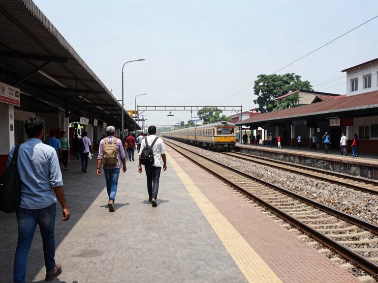Editorial photojournalism of Ranchi railway station, passengers on platform, natural light, sharp documentary style