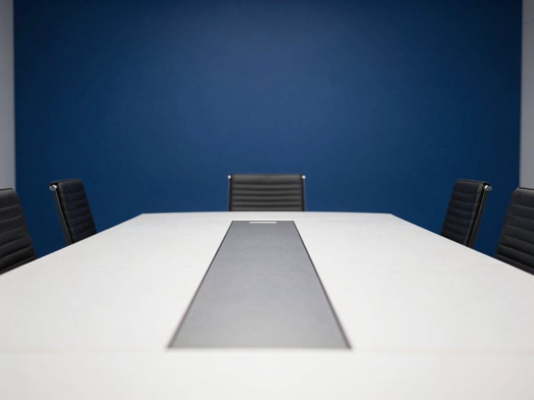 Architectural shot of a modern, organized boardroom table, pristine and ready for presentation, evoking order and clarity.