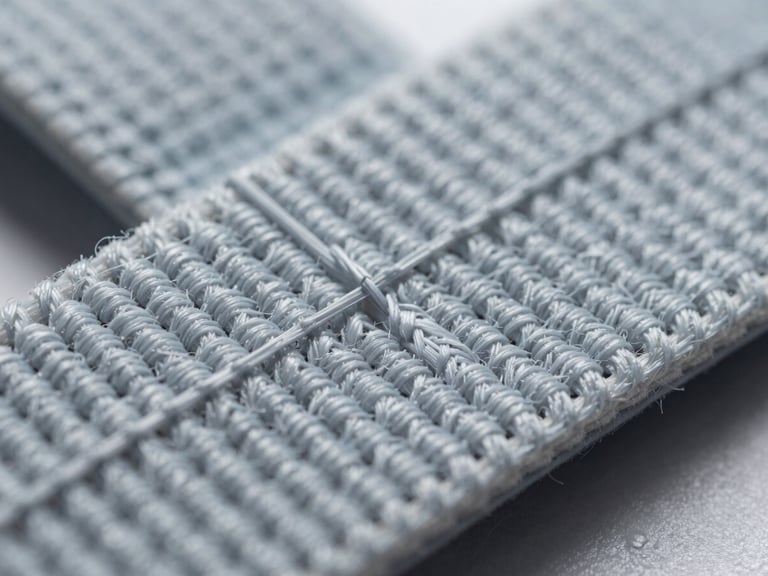 Macro close-up of a heart rate monitor strap weave, showing high-density technical fibers integrated with conductive threads, sharp studio lighting, cool tones