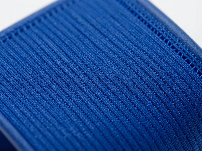 Macro close-up of an electric blue smart armband fabric, showing the intricate technical weave and bio-compatible elastic fibers, crisp studio lighting