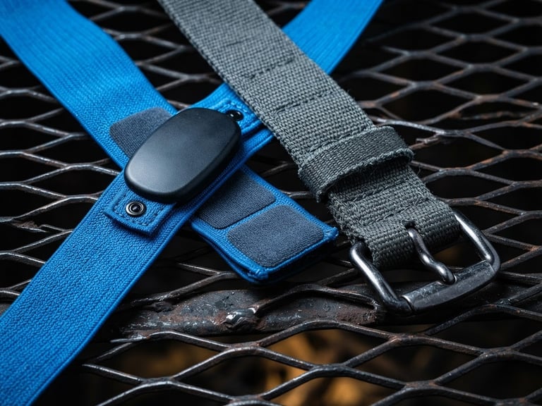 Macro photograph of high-performance electric blue heart rate monitor chest strap and heavy-duty slate gray horse webbing side by side on a dark metal grid, crisp industrial lighting