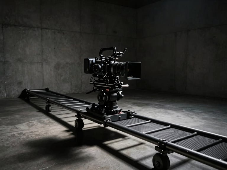 Extreme wide cinematic shot, high-contrast low-key lighting, a professional camera rig on a carbon fiber slider inside a minimalist concrete gallery, dramatic shadows, 35mm anamorphic lens