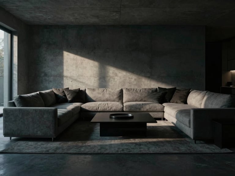 Cinematic interior shot of a modern concrete living room, dramatic chiaroscuro lighting with sharp light beams, luxury minimalist furniture, deep shadows