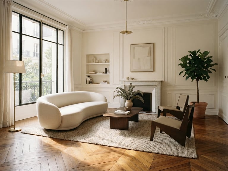 Straight-on architectural photograph of a high-end Parisian living room, elegant minimalist decor, soft morning window light streaming onto a herringbone parquet floor, rich natural tones, 35mm
