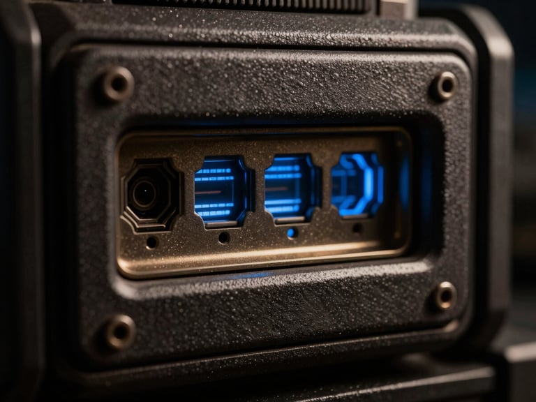 Macro shot of weathered tactical hardware, possibly a control panel or data port, with harsh directional light creating deep shadows, subtle blue and amber glows, 35mm anamorphic lens.