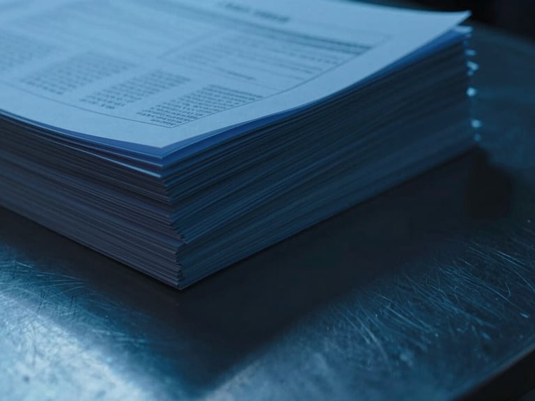 Extreme close-up of a stack of heavily redacted official documents on a metallic surface, illuminated by a harsh blue terminal glow, deep shadows, 35mm anamorphic lens.