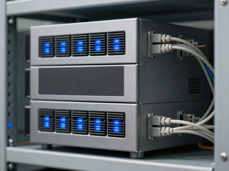 A close-up architectural shot of a physical firewall device mounted on a rack, metallic finish, blue status lights, clean cabling on the right side.