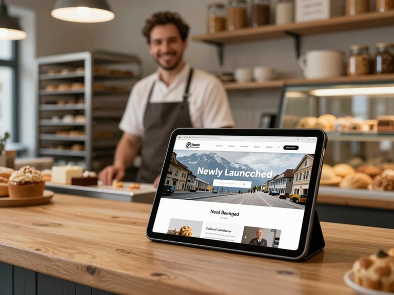 A traditional bakery interior in Switzerland, a baker smiling in the background, with a tablet on the counter displaying their newly launched, clean website.