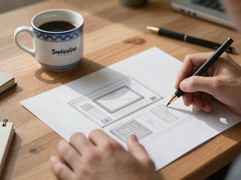Close-up of hands sketching a website layout on a wooden workbench next to a traditional Swiss ceramic coffee mug, natural morning light.