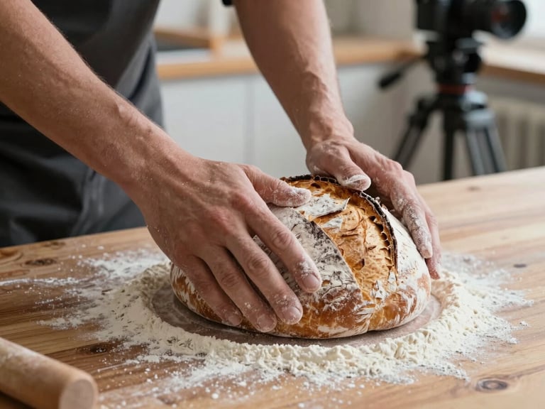 Close-up of a Swiss baker's flour-dusted hands shaping sourdough loaf on a heavy timber table, with a camera on a tripod subtly visible in the soft-focus background.