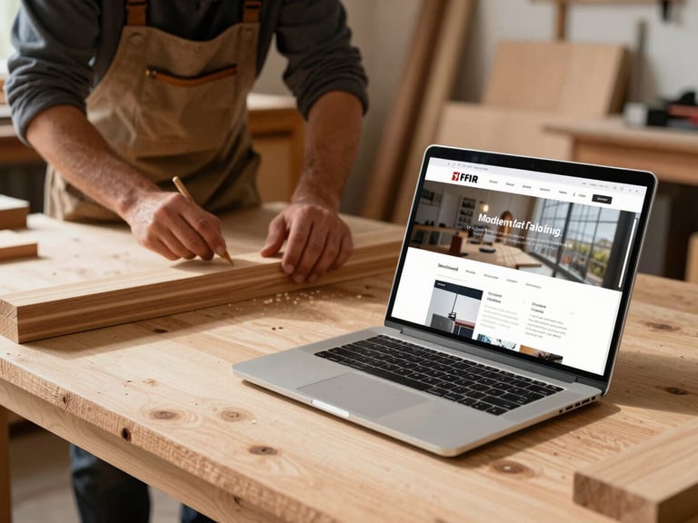 A local Swiss carpenter working on timber in a sunlit workshop, with a laptop resting on a nearby clean wooden surface showing a modernist website wireframe.