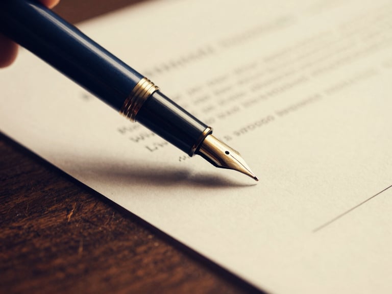 Macro close-up of a fountain pen signing a medical-legal document on a dark wooden desk, warm golden lighting, shallow depth of field, 35mm