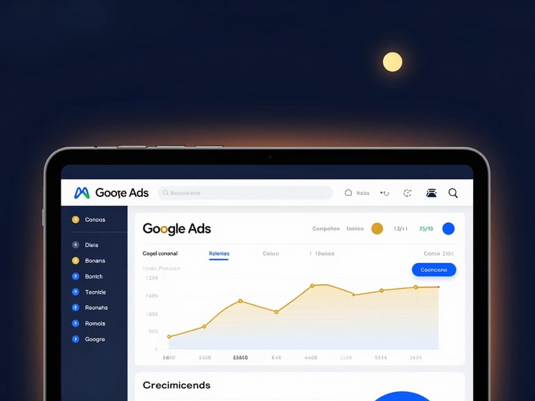 Mockup de um dashboard de Meta Ads e Google Ads em um tablet, mostrando métricas de campanha e gráficos de crescimento, com reflexos suaves de luzes douradas e azuis, em um fundo escuro e tecnológico.