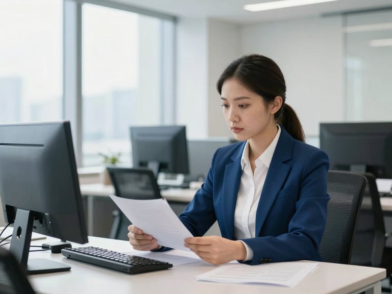 A focused professional taking an exam in a clean modern Hong Kong office setting, bright natural light, sharp focus, 35mm
