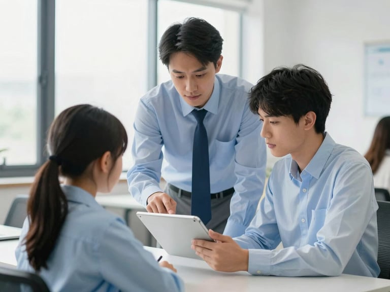 A professional instructor guiding a student over a digital tablet, bright natural office daylight, clean blue and white tones, sharp focus, 35mm
