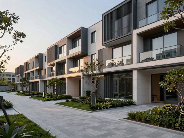 Premium modern 20-unit townhouse complex render, integrated infrastructure, clean paved pathways, minimalist landscaping under soft evening light.