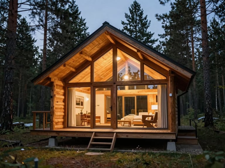 Premium eco-resort wooden cabin architecture, warm lights spilling from glass facades onto surrounding pine forest at twilight.
