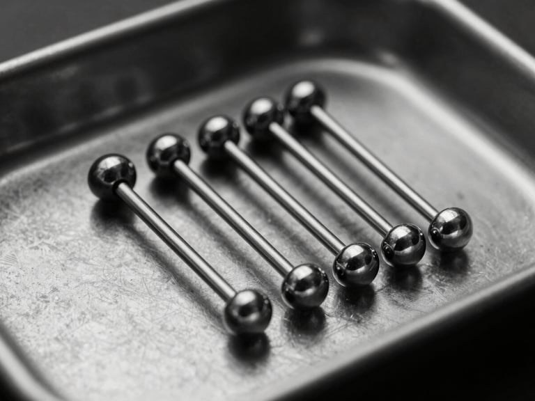 Studio shot of multiple sterile titanium piercing bars grouped on a dark metallic tray, high-contrast black and white, sharp reflections