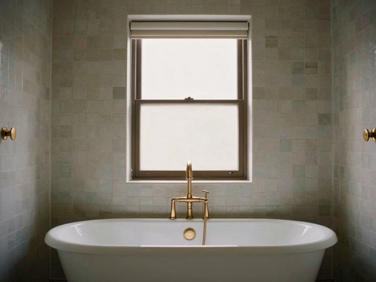 Straight-on view of a luxury bathroom wet room with a freestanding tub, zellige tiles, and brushed brass fixtures