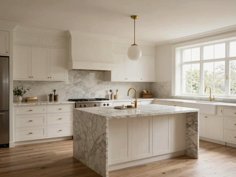 Wide-angle architectural shot of a bright open-concept kitchen with white oak cabinets and a large marble island under soft daylight