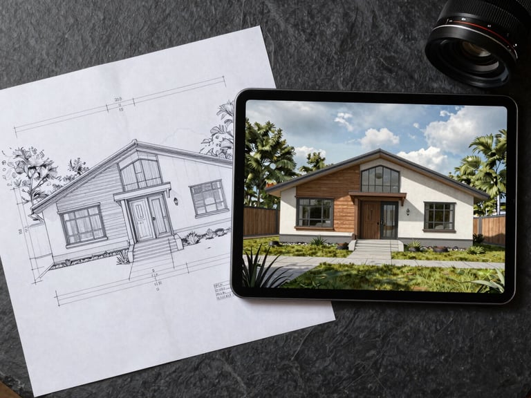 Flat-lay composition of technical architectural drawings on a dark slate desk, a digital tablet displaying a matching photorealistic 3D rendering of the home addition on the right, overcast daylight.