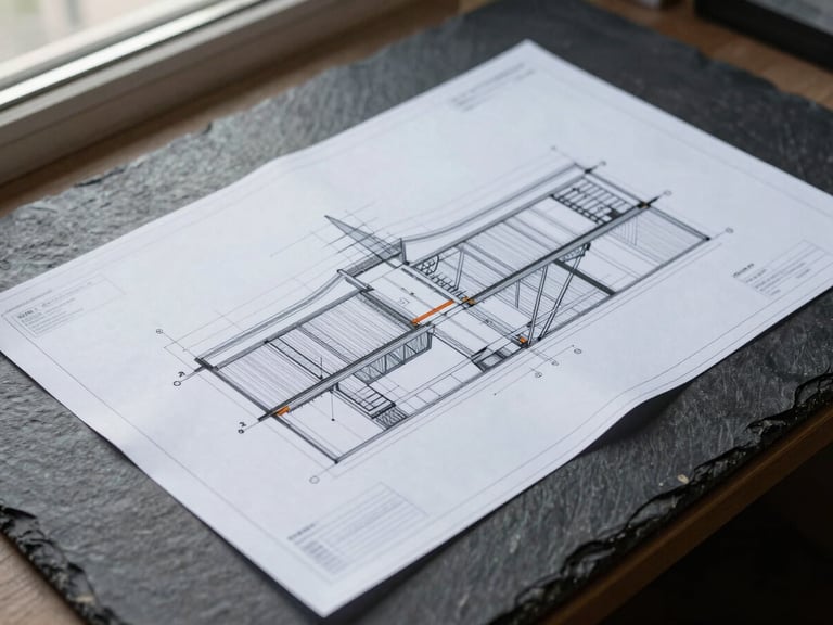 Flat-lay composition of technical construction drawings on a dark slate desk, natural overcast light from the side, clean architectural lines.