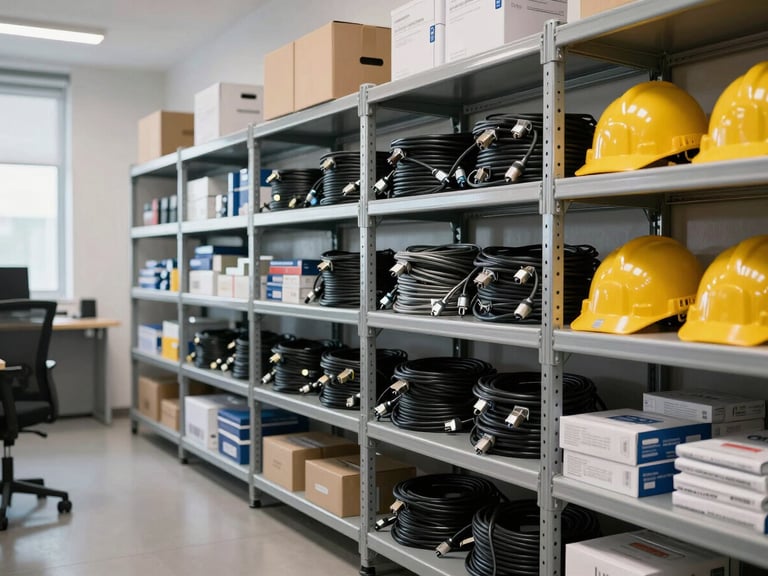 A clean, modern corporate office supply storage hub with neatly arranged tech cables, safety gear, and packaging materials, daylight lighting