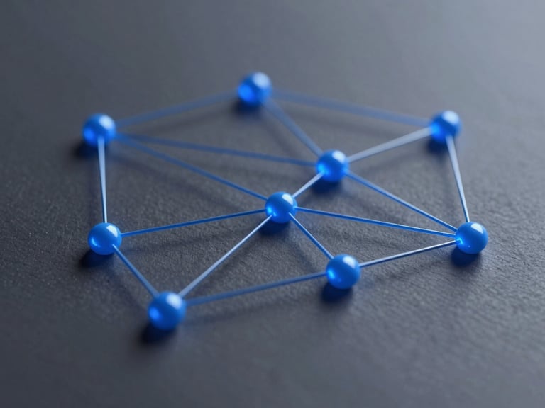Macro shot of a clean digital network visualization with glowing blue nodes on a slate gray screen, cool low-key lighting.
