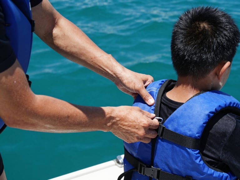 Instructor helping a student properly fasten a certified life jacket before entering the water, focus on hands and safety gear, bright sunlight, deep turquoise water in background