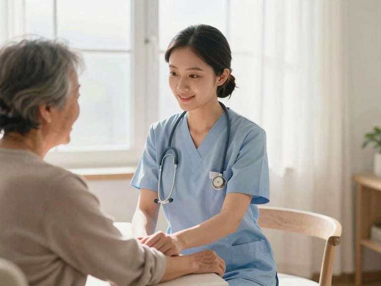 A professional nurse in a clean uniform gently checking the pulse of an elderly patient in a bright home environment, soft natural morning window light, warm editorial healthcare photography