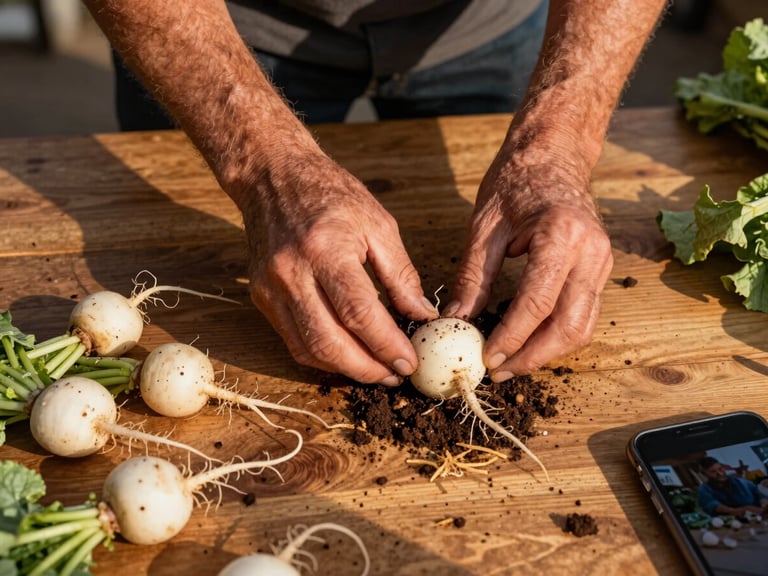 Overhead flat-lay of a farmer's rough hands sorting small radishes on a wooden table at a market stall, golden-hour outdoor light, soil still on the roots, a phone screen faintly visible at the corner of the frame showing an edited photo