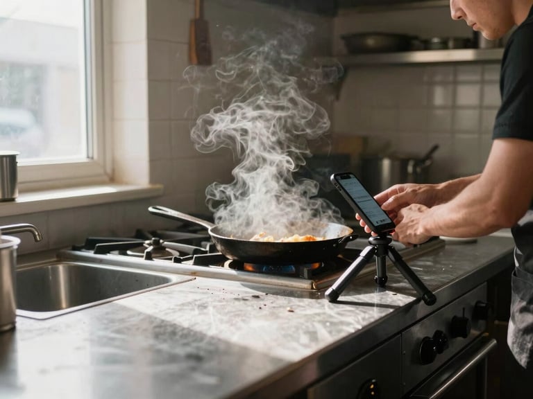 Candid wide shot inside a working restaurant kitchen, a person adjusting a phone on a small tripod pointed at a cast-iron pan mid-cook, natural daylight from a side window cutting across the counter, steam visible, no one looking at camera