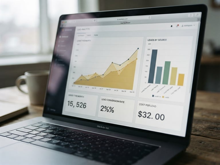 Close-up of a local business dashboard on a laptop screen, natural overcast daylight reflecting off the glass, sharp 35mm focus on lead metrics.