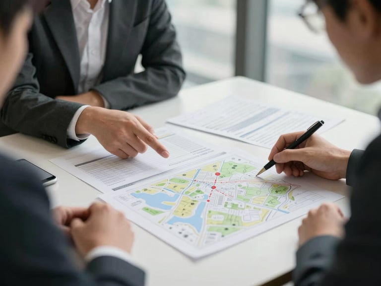 Authentic editorial shot of two business partners reviewing wireframes and local search maps on a table in a Barry-based office, natural soft lighting