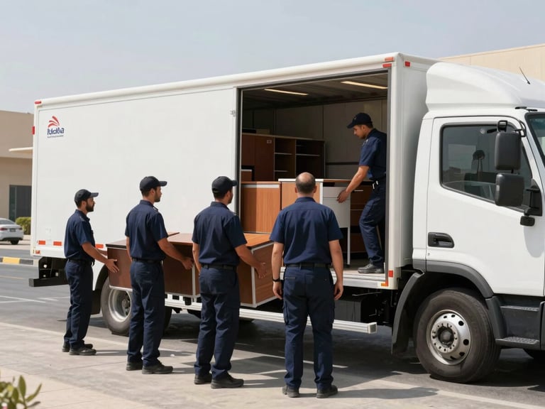 Wide environmental shot of a uniformed crew loading office desks into a clean, branded truck in Dubai, bright daylight, sharp shadows
