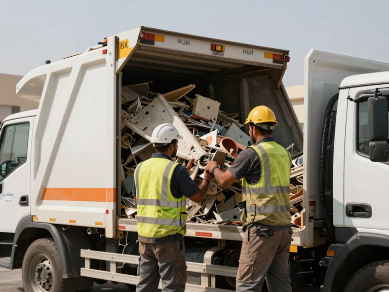 Medium action shot of a professional waste clearance crew member wearing safety gear, securing loaded construction debris in a branded truck, bright Dubai sun