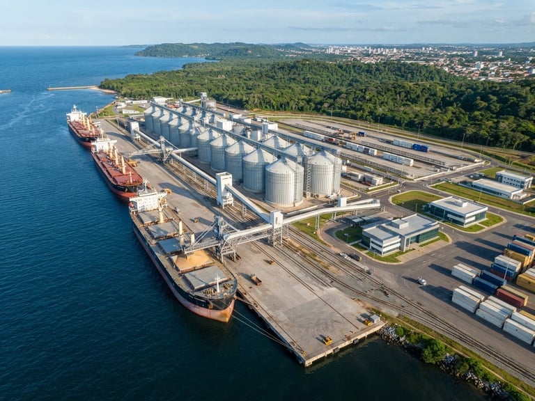 Aerial drone perspective of a massive deep-water port terminal in Brazil, cargo vessels docked, modern grain silos lined up, bright morning light, clean corporate look.