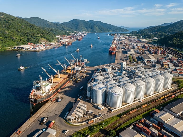 Aerial drone perspective of a massive deep-water port in Brazil, cargo ship docked, modern grain silos nearby, bright natural daylight, crisp morning sun, high contrast.