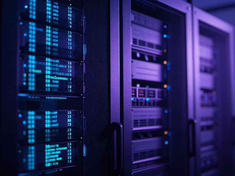 Abstract digital texture representing data and code, server racks with blue and purple light, high contrast, cinematic depth of field, 35mm