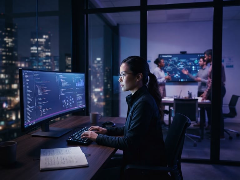 Modern architectural workspace with deep blue and purple ambient lighting, high contrast, cinematic depth of field, subtle glassmorphism on screens, reflecting code and data. A collaborative strategy session is hinted at in the background, focused on digital strategy.