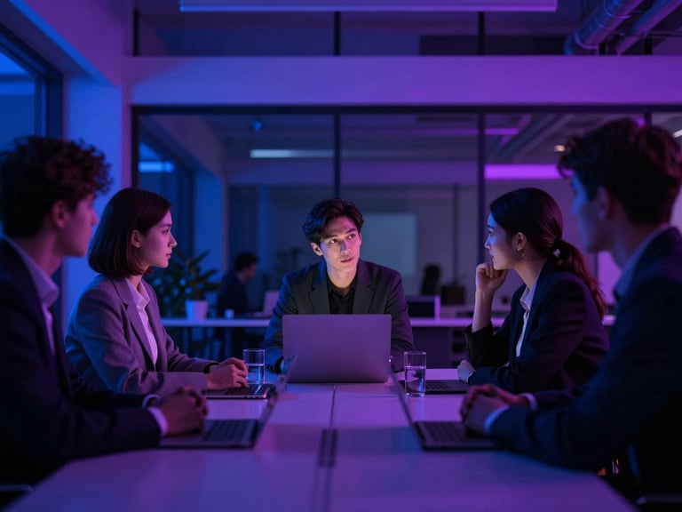 Modern architectural workspace, collaborative strategy session, deep blue and purple ambient lighting, high contrast, cinematic depth of field, 35mm