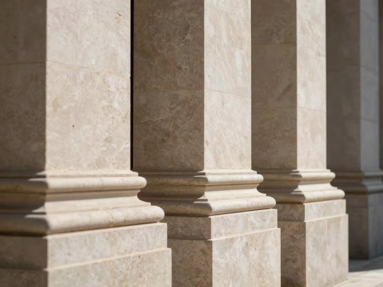 Macro close-up of sharp architectural details of a luxury corporate guest house, structured limestone pillars, clean natural daylight casting geometric shadows.
