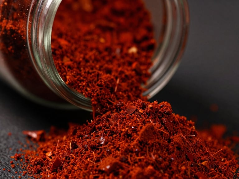 Macro shot of fine red chili powder cascading into a pristine glass jar, deep crimson tones, moody side-lighting