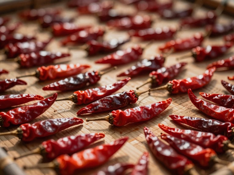 Close-up of vibrant red Kunri chilies sun-drying on a clean, traditional mat, dramatic side-lighting, macro lens, shallow depth of field