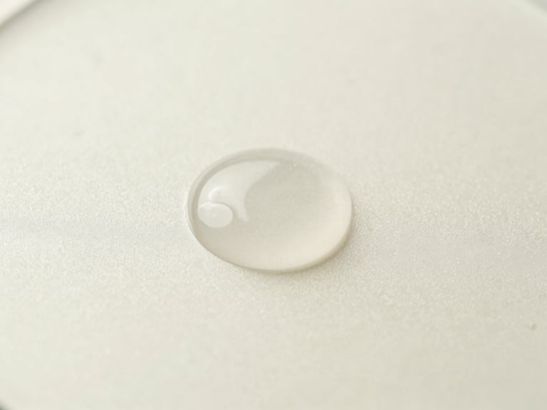Macro close-up of a clear, viscous serum droplet on a frosted glass surface, soft clinical daylight, muted cream background