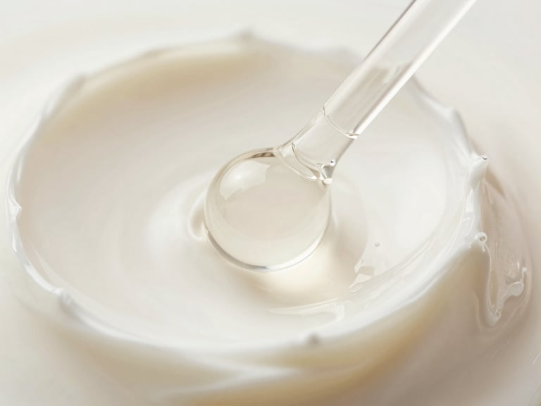 Macro close-up of pure hyaluronic acid emulsion showing molecular viscosity, clinical daylight, soft cream background.