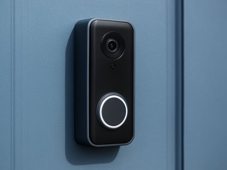 Close-up of a sleek smart doorbell with integrated camera, mounted on a modern grey door, bright daylight, cool blue tones, sharp focus.
