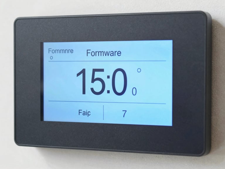 Macro shot of a smart alarm panel's display showing a firmware version number, technical aesthetic, bright studio lighting, sharp focus.