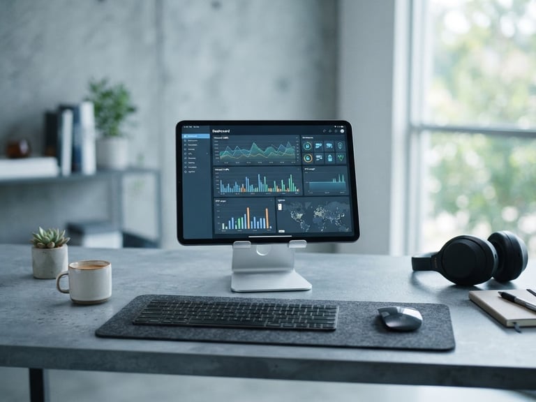 A clean, modern desk setup in bright daylight, showing a tablet with a security dashboard interface, cool slate gray background, 35mm lens