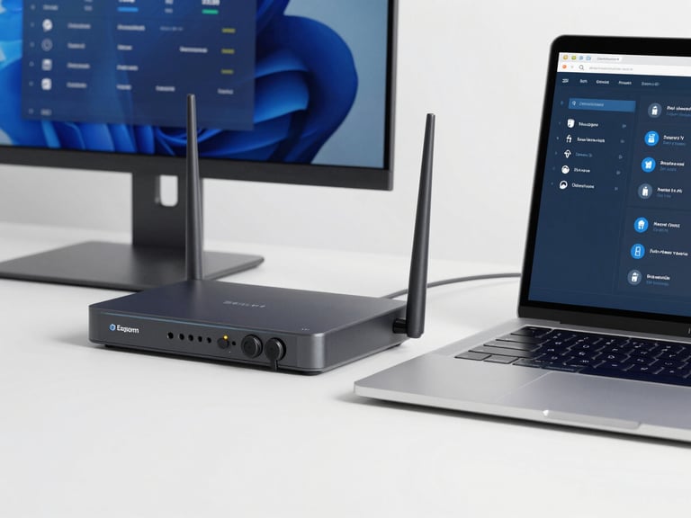 Clean desktop setup with a laptop showing a network security interface, a discrete router, bright daylight, cool blue and slate gray tones, sharp focus.
